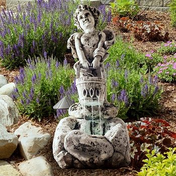 Pure Garden Lighted Cherub Angel Fountain With Antique Stone Design